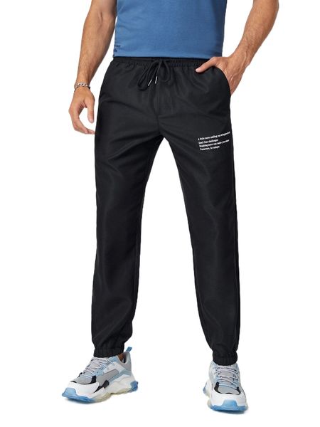 

men slogan graphic drawstring waist pants b6yn#, Black
