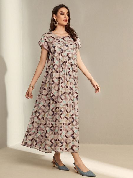 

allover print plicated batwing sleeve dress n3rm#, Black;gray