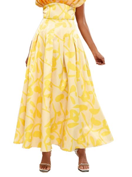 

x linaoth high waist graphic print fold pleated satin skirt p13l#, Black