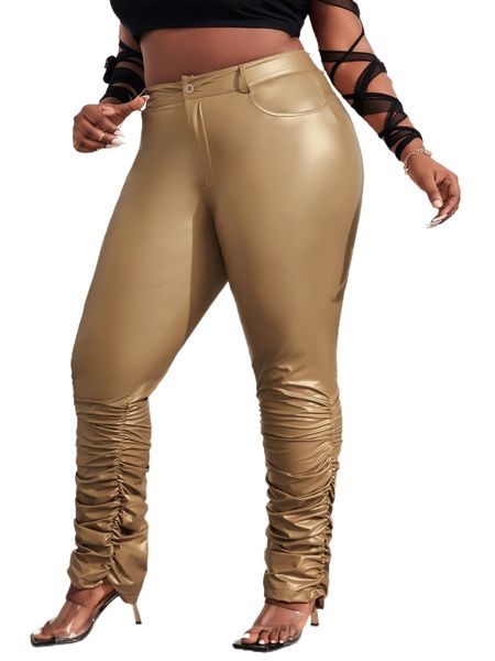 

sxy plus pu ruched zip fly pants 77rn#, Black