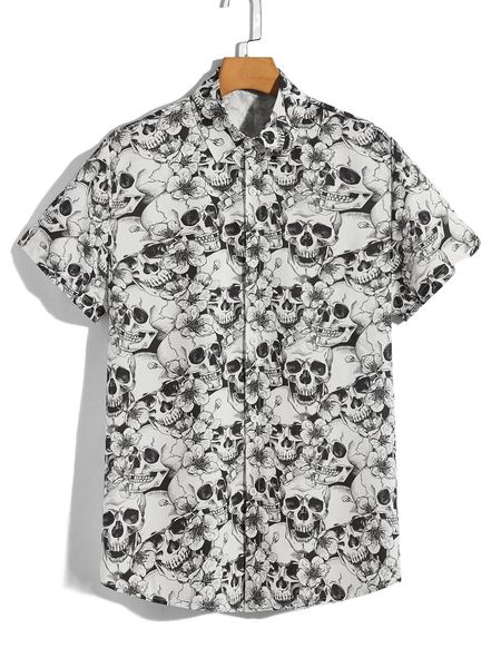 

men allover skull print button up shirt k9gy#, White;black