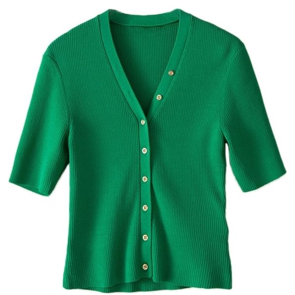 

single breasted v neck knitwear with button women retro summer short sleeve knit cardigan thin b-127 220401, White