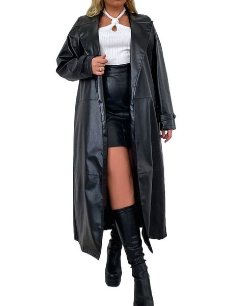 

plus lapel collar belted pu leather trench coat j4ec#, Black