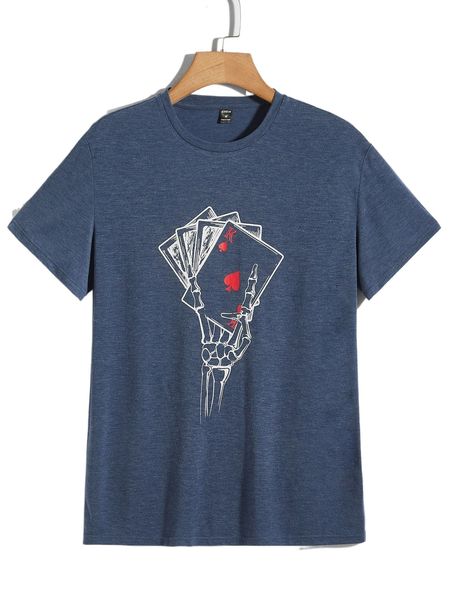 

men playing card & skeleton hand print tee d2u5#, White;black