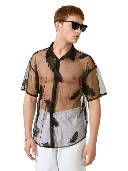 

men see through feather embroidery mesh shirt t9w0#, White;black