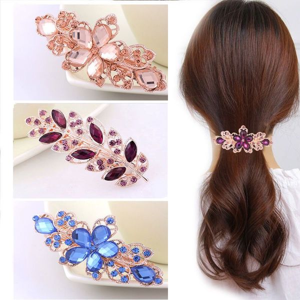 Mulheres casuais meninas grandes Barretas de flores de cristal de primavera clipe de clipe de palavra elegante feminino feminino de cabelo acessórios para cabelo 9x3cm