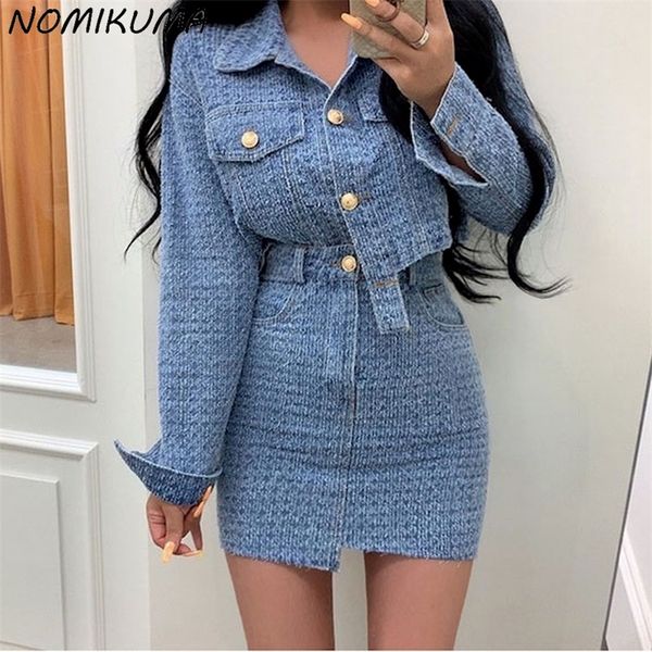 Nomikuma Demin 2 Pezzi Set di gonne Autunno Moda Cappotto corto Vita alta Mini Gonne Jeans donna coreana Abiti 6V321 220719