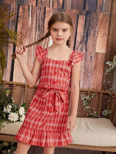 

girls plaid shirred back & ruffle hem belted skirt she, White