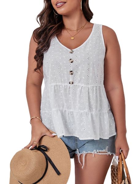 

plus fake button eyelet embroidered ruffle hem tank z7ko#, Black
