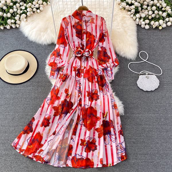 

chiffon flower print flowy maxi dress 2022 spring new fashion stand collar lantern sleeve single-breasted belted dresses, Black;gray
