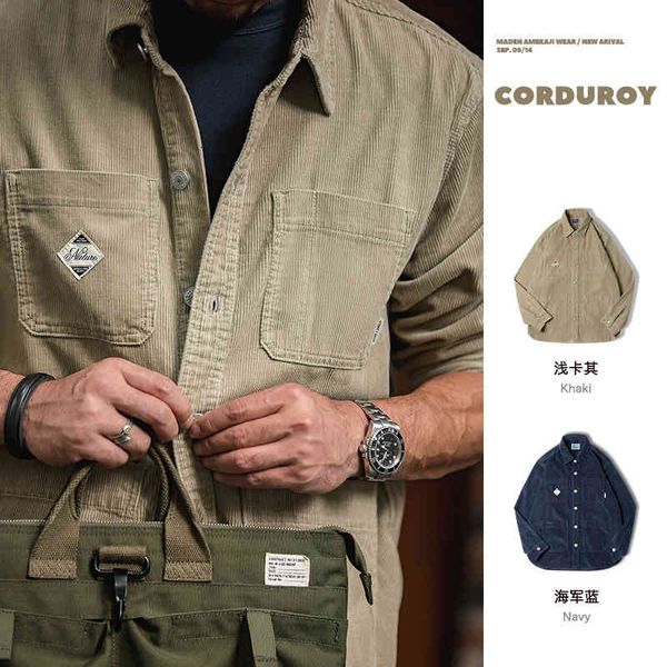 

men's tracksuits madden work clothes american corduroy multi pocket shirt folded with striped tough man inch coat men's autumn d2s, Gray