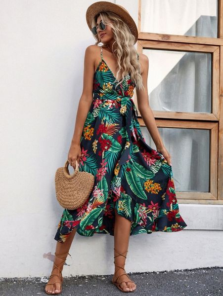 

tropical print cami dress 61u7#, Black;gray