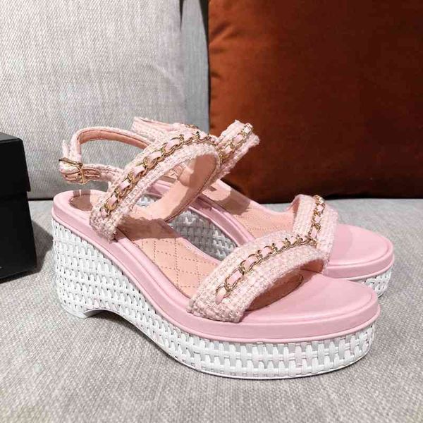

sandals candy color small fragrance summer linggepo heel sandals women's grass woven thick soled raised muffin shoes chain yw5b, Black