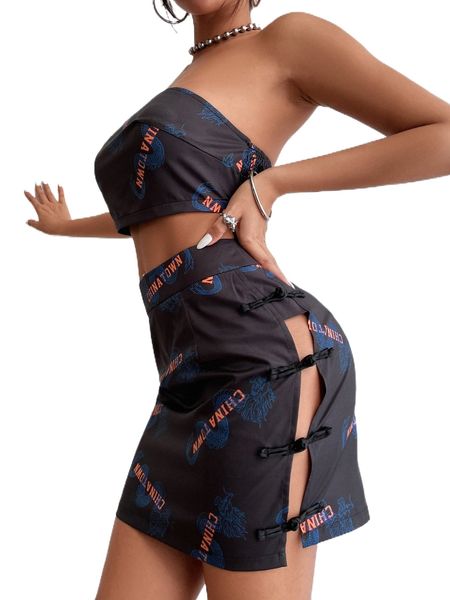 

letter & chinese dragon print shirred tube & frog button split skirt j88c#, White