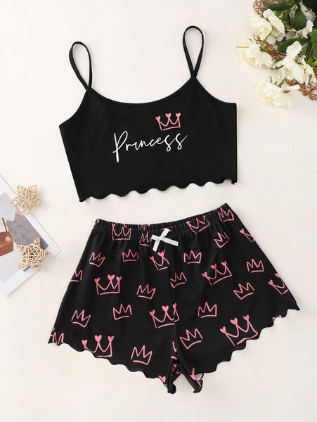 

letter & crown print lettuce trim pj set a7nn#, Black;red