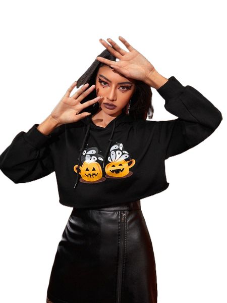 

x julmarkz lantern & ghost print drawstring crop hoodie v9nc#, Black