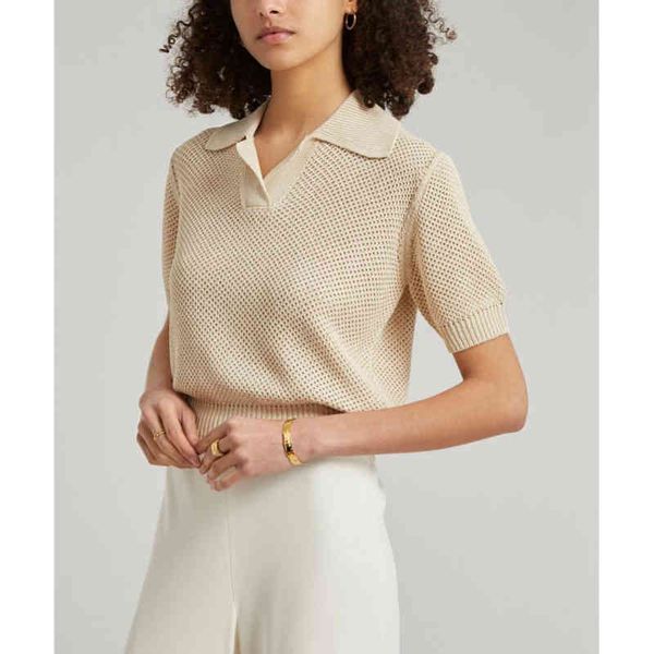 

women's t-shirt lc summer latest design woman knitted polo shirt loose fit short sleeve lapel hollow knit d3z1, White