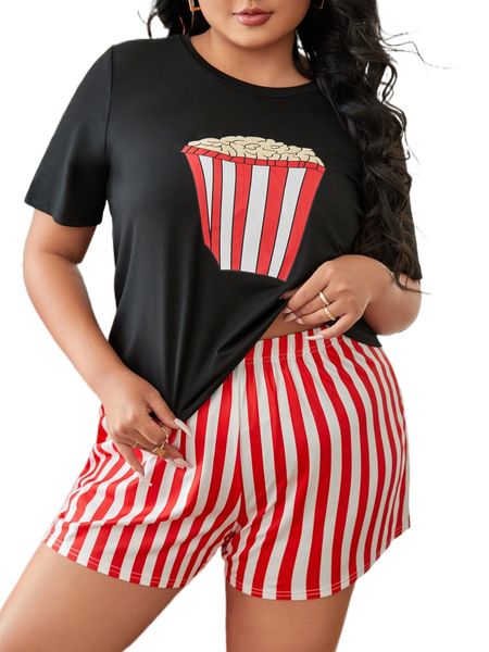 

plus popcorn & striped print pj set g7hx#, Black;white