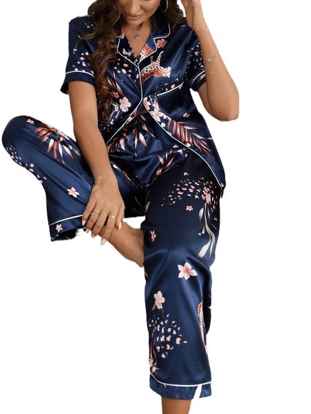 

leopard and floral print contrast piping satin & pants pj set s2xf#, Black;red