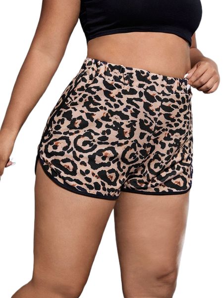 

plus leopard print contrast binding shorts c9aq#, Black