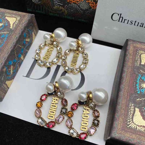 

new inlaid color diamond pearl letter women's simple brass classic earrings, Golden