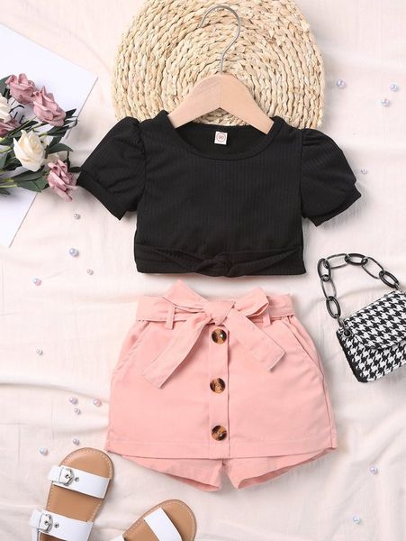 

toddler girls puff sleeve twist tee & fake button belted skort she, White