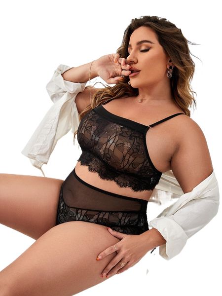 

plus floral lace contrast mesh lingerie set without liner n93r#, Black;white