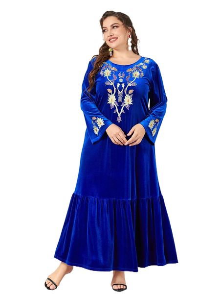 

plus floral embroidery ruffle hem velvet dress y3e7#, Black