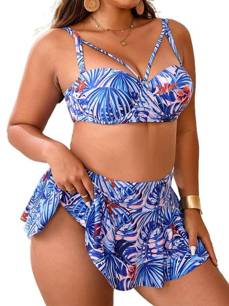 

plus 3pack tropical print underwire bikini swimsuit l1wt#, White;black
