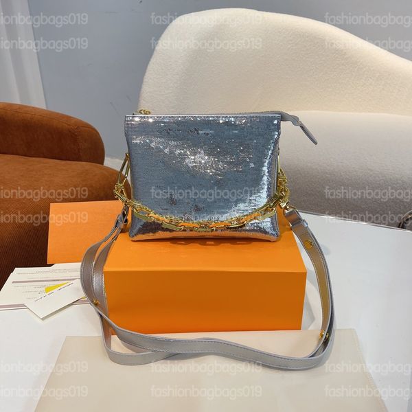 

coussin bb luxurys designers bags embroidered with sequins shiny and matte shimmering bag chunky light gold chain adjustable strap silver ni