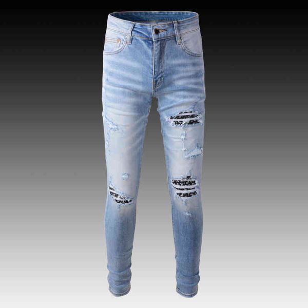 

men's jeans high street hole hip-hop cashew print patch slim fit washed leggy jeans for young men versatile hvb1, Blue
