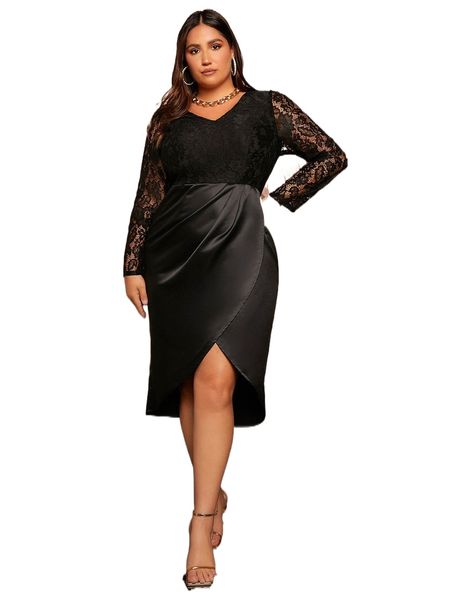 

plus lace insert wrap hem satin dress r06e#, Black