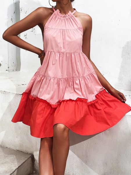 

two tone tie back ruffle hem halter dress s6k3#, Black;gray