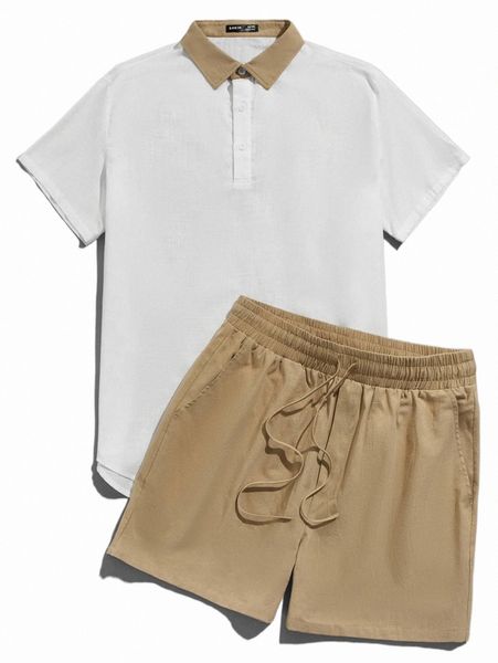 

extended sizes men contrast polo shirt & slant pocket shorts 98yo#, Gray