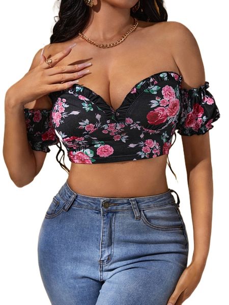 

sxy floral off the shoulder puff sleeve d4c1#, White