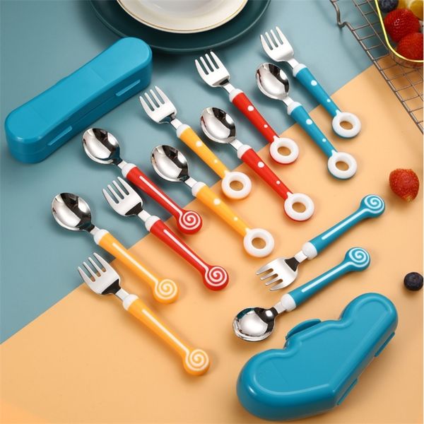 

baby gadgets lollipop baby spoon fork children utensil stainless steel toddler dinnerware cutlery infant feeding tableware set 220715
