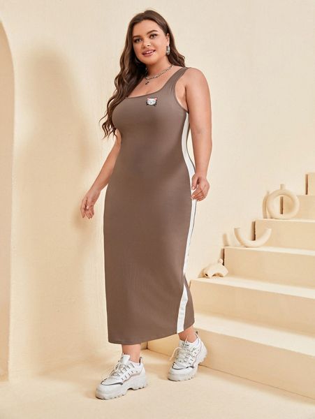 

plus cartoon patched side striped rib-knit dress i6rm#, Black