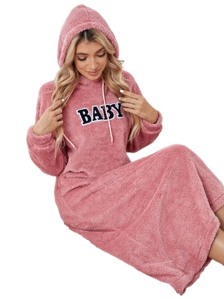 

letter patched drop shoulder teddy hoodie dress 53kf#, Black