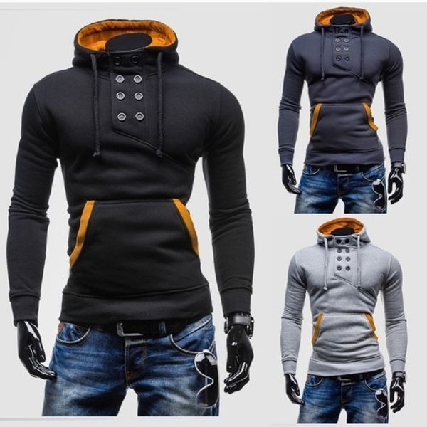

fashion doublebreasted men's cotton pullover sweatshirt male longsleeved slim brushed hoodie men casual sweatshirts 220816, Black