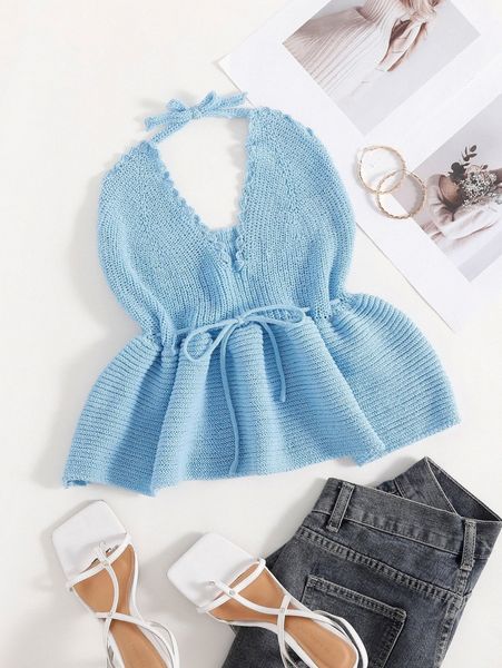 

drawstring waist tie backless halterneck knit w0s2#, White;black