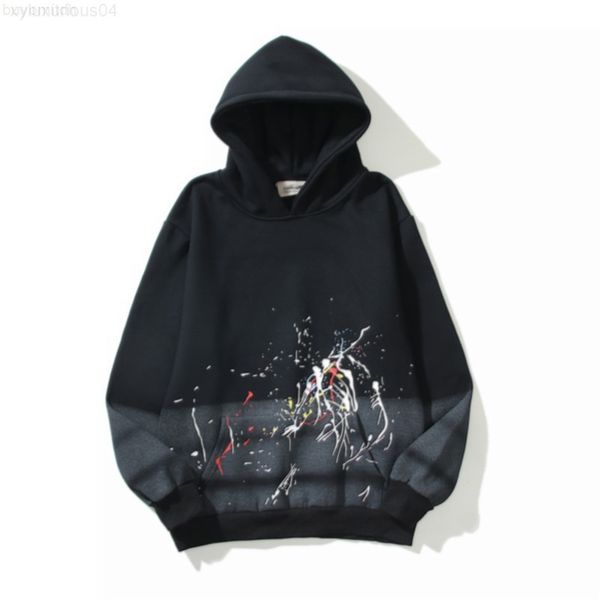 

2021 fog double-line essentials hoodie splash ink paint fried flowers distressed plus velvet sweater men and women loose hooded c2270 56478, Black