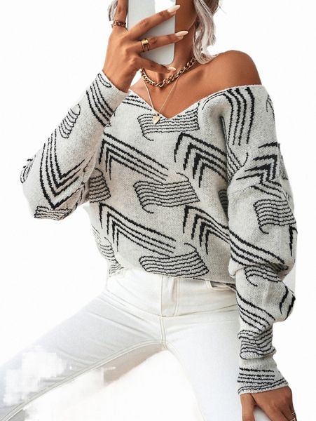 

graphic pattern drop shoulder sweater l543#, White;black