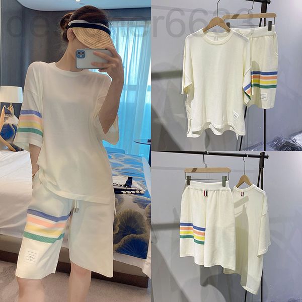 

women's sweaters designer tb leisure suit women's four bar knitting ice hemp color strip short sleeved t-shirt + wide leg shorts,, White;black