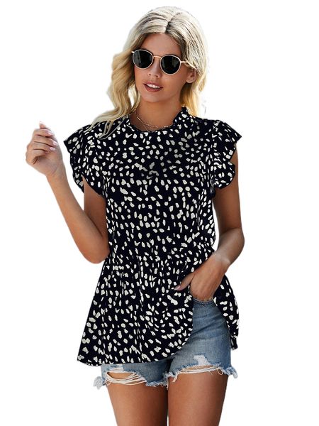

dalmatian print ruffle trim lettuce neck peplum blouse i67v#, White