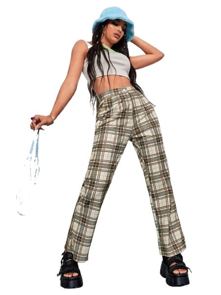 

plaid straight leg pants i5cm#, Black;white