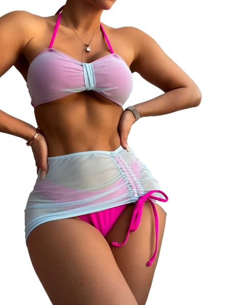 

contrast mesh drawstring halter bikini swimsuit with beach skirt a7fz#, White;black