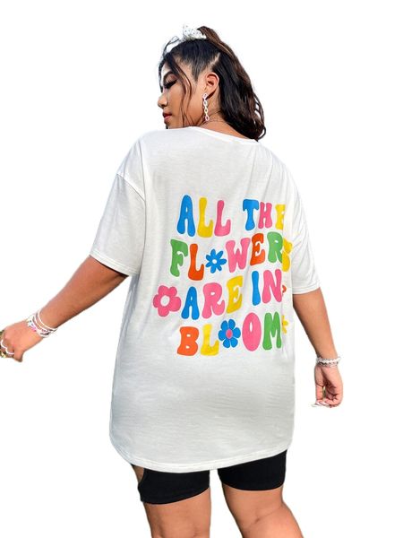 

plus floral & slogan graphic drop shoulder tee 77ne#, Black
