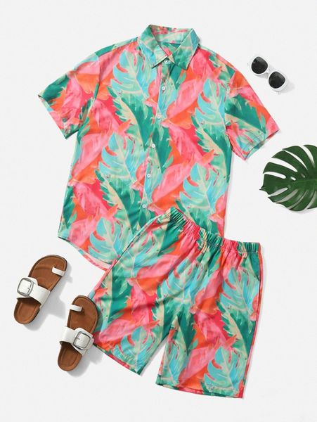 

men tropical print shirt & shorts d8gj#, Gray