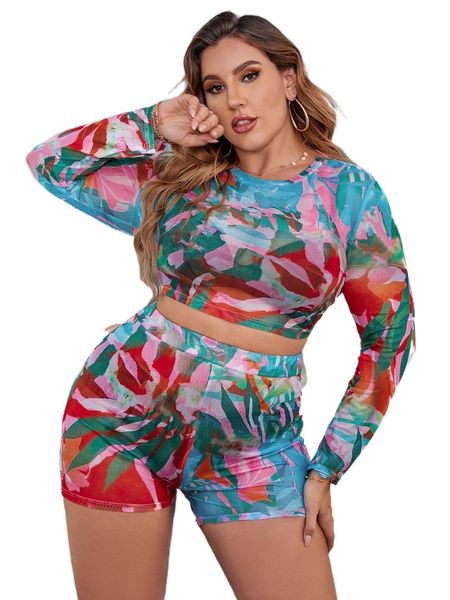 

plus allover print crop mesh with shorts z5kv#, Black