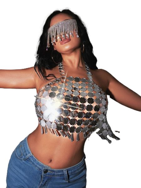 

sxy cut out backless metallic halter a531#, White